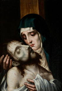 LUIS DE MORALES "THE DIVINE" Badajoz (1520 / 1586) "The Pietà ": Although conceptually it is closer to the one preserved in the Villa Mir Cultural Fund (oil on panel, 43.5 x 31 cm), as it is a small format intended for private devotion. These similarities with othe