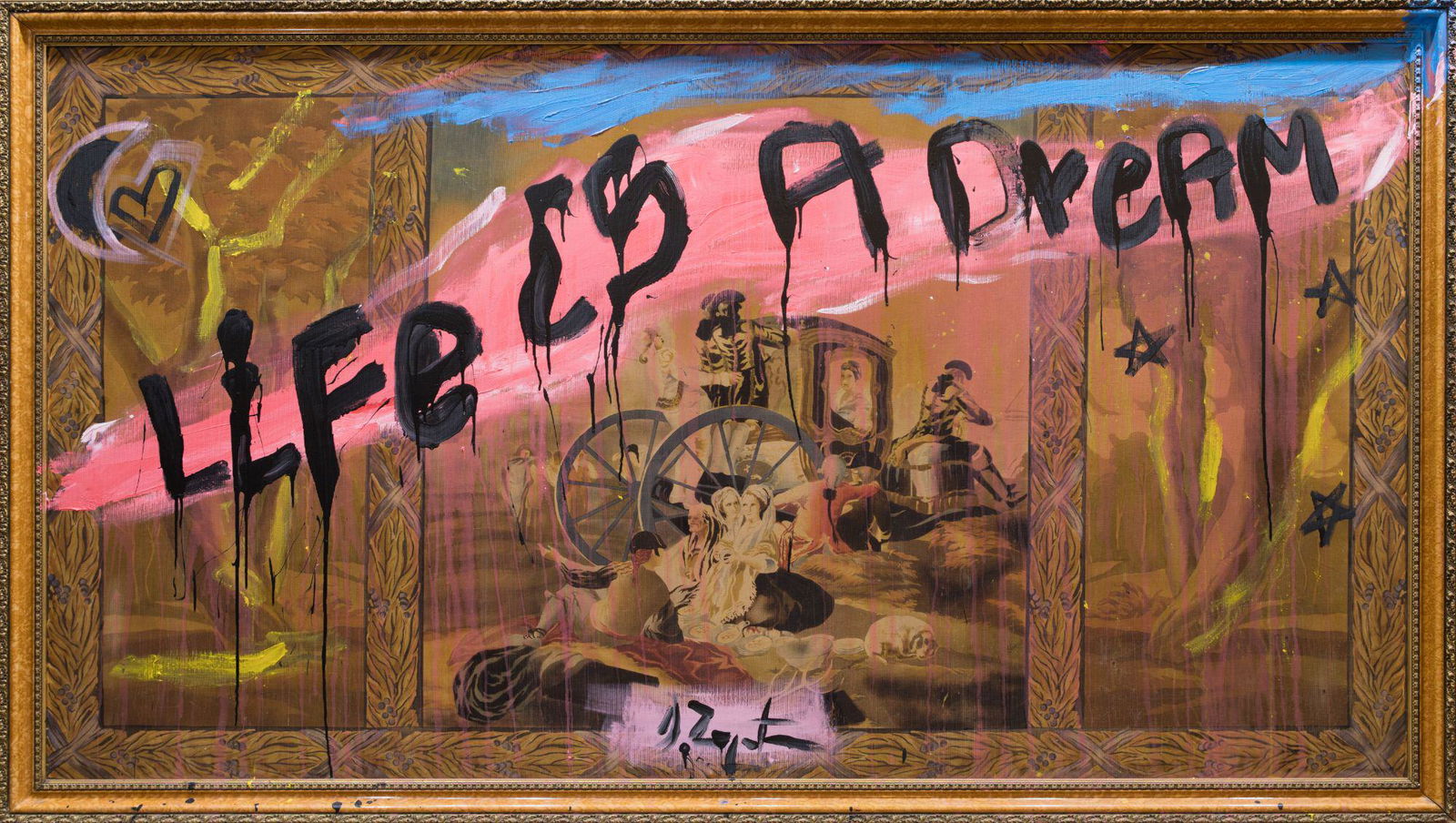 DOMINGO ZAPATA Mallorca, Balearic Islands (1974) "Life is a dream": Painting on printed tapestry with the pottery scene by Francisco de Goya Signed at the bottom. Author's certificate of authenticity could be provided. Measurements: 166 x 293 cm, including frame.