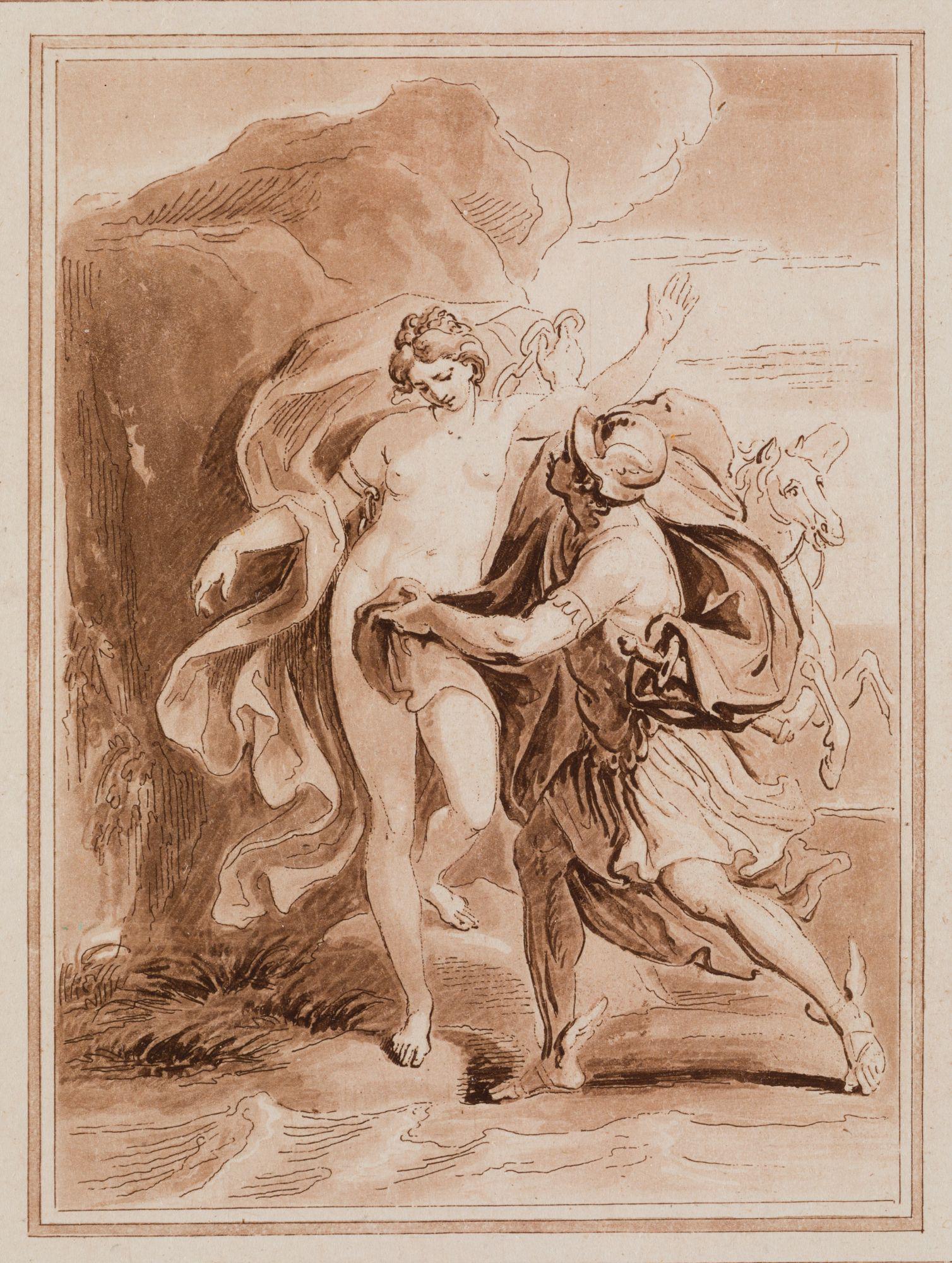 GIOVANNI BATTISTA CIPRIANI Siena (1766) / Rome (1839) "Perseus and Andromeda", 1787: Etching and aquatint Perseus frees Andromeda, chained to a cliff by a sea monster. Sepia ink print for the series: A collection of prints, after sketches and drawings of Cipriani Measurements: Paper:
