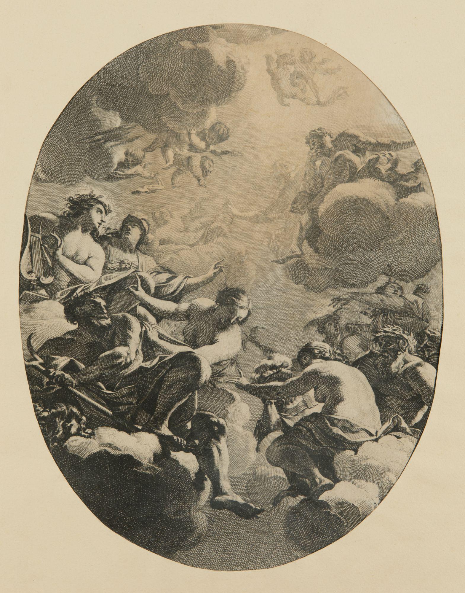 MICHEL DORIGNY San Quentin, France (1616) / Paris, France (1665) "Justice" / "Olympus": Etchings on paper The engravings, belonging to the same series, follow the original compositions by Simon Vouet (1590-1649) for the Pierre SÃ©guier library in Paris. Measurements: 35.6 x 27.5 cm. ea