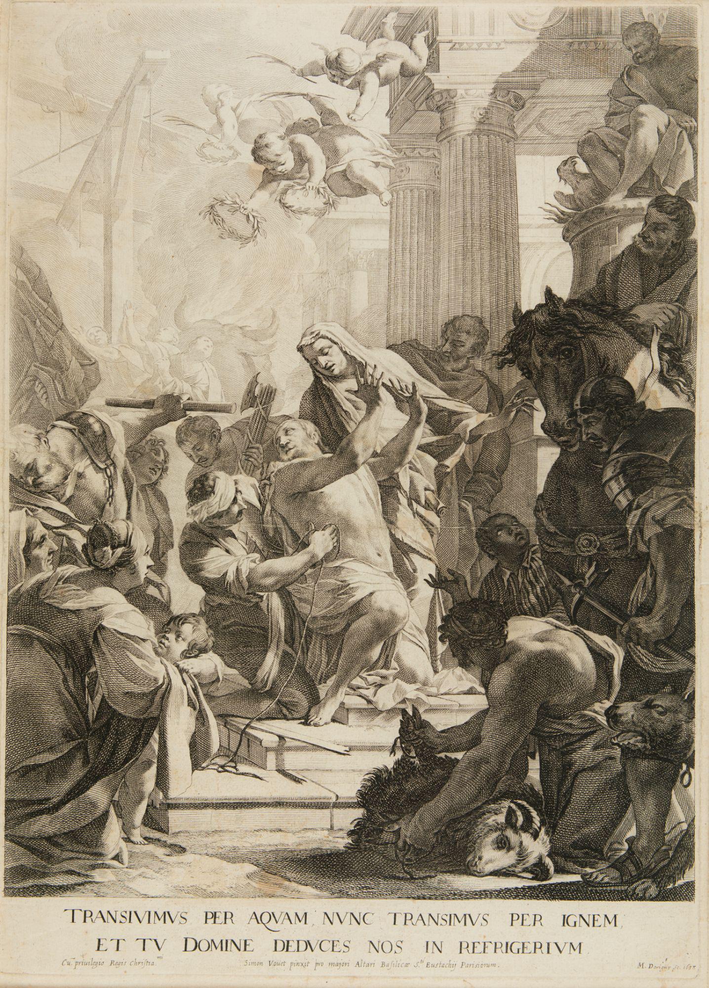 MICHEL DORIGNY Saint Quentin, France (1616) / Paris, France (1665) "The martyrdom of Saint Eustace": Plate Signed Engraving. After the work of Simon Vouet (1590-1649 Measurements: Frame: 52.5 x 38 cm