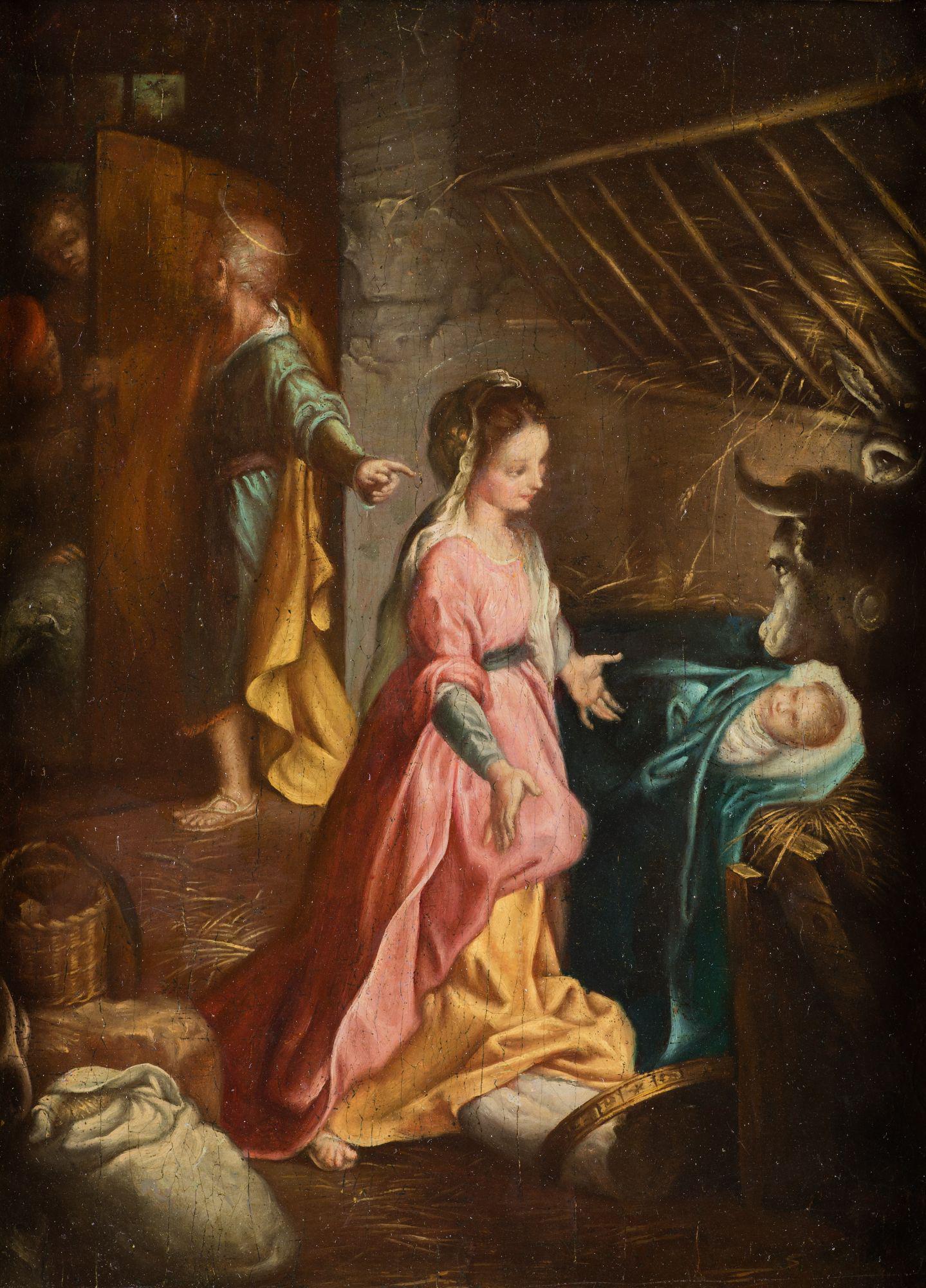 ITALIAN SCHOOL (17th century ) "Nativity": Oil on panel. Work that follows the model of Federico Barocci (1535-1612) preserved in the Museo del Prado. Measurements: 31 x 23 cm.