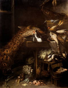 FLEMISH SCHOOL (17th century) "Kitchen still life": Oil on canvas This large-format still life shows us with great profusion of details a kitchen interior with a wooden table where different game items are piled up, mainly birds, highlighting a turkey