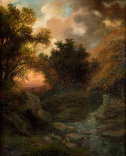 GERMAN SCHOOL (19th century) "Landscape at sunset": Oil on canvas With former attribution to Oswald Achenbach (DÃ¼sseldorf, 1827 - 1905) Measurements: 40 x 33.5 cm