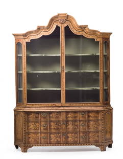 Dutch display cabinet with marquetry: Dutch-style cabinet in root wood with rich marquetry of floral motilate Made up of two bodies: the lower one with drawers and the upper one with a double glass door and a mixtilinear pediment finish.