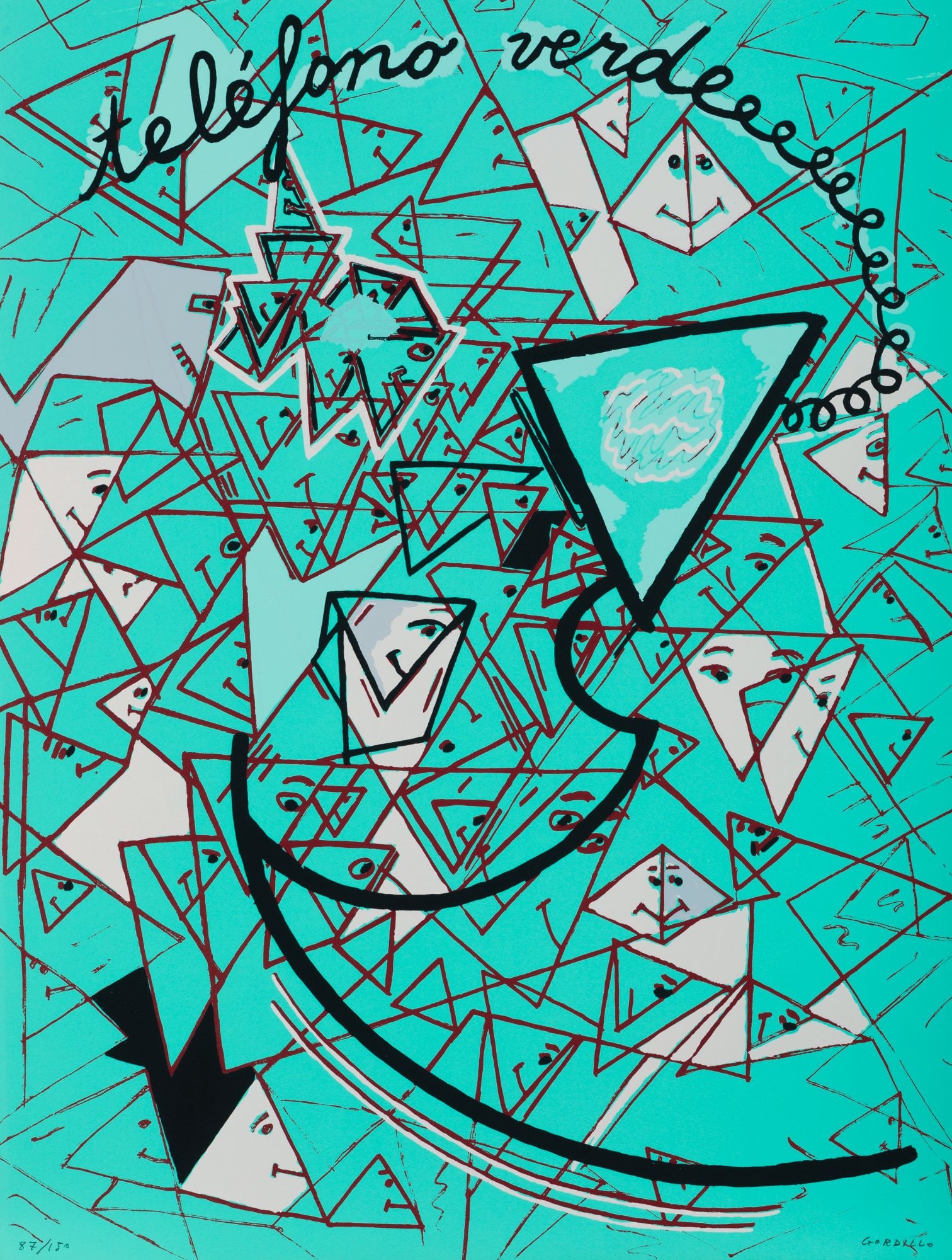 LUIS GORDILLO Seville (1934) "Green Telephone": Serigraphy on paper Signed and justified in pencil 87/150 at the bottom. Work made for the portfolio of LÃ¡piz magazine with works by Arroyo, Bilbao, Canogar, Gordillo, Guerrero and Nagel. Printed b