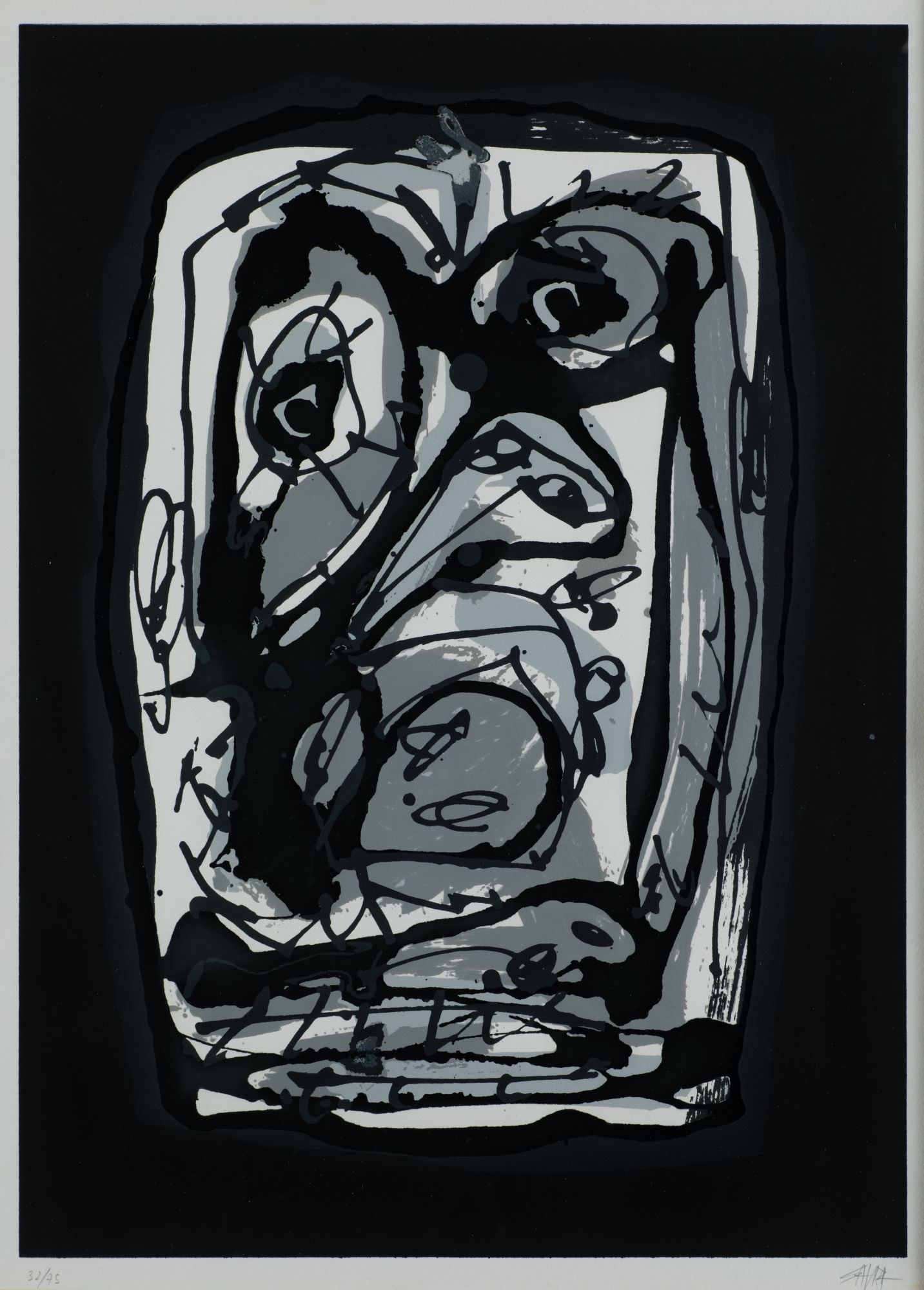 ANTONIO SAURA Huesca (1930) / Cuenca (1998) "Emblems, plate 5", 1979: Screenprint on paper Signed and justified on the bottom 32/75 in pencil. Bibliography: -Oliver Weber-Caflisch & PatrickCramer "Antonio saura graphic work, catalog raisonnÃ©" PatrickCramer Ed., 2000;