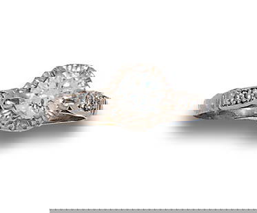 SOLITAIRE RING, ANTIQUE STYLE, DIAMOND, IN WHITE GOLD: Solitaire ring, old style, 18 kt white gold. Diamond center, brilliant cut, estimated at 0.50 ct., set in prongs. Arms with diamond detail, cut 8/8, bead set.