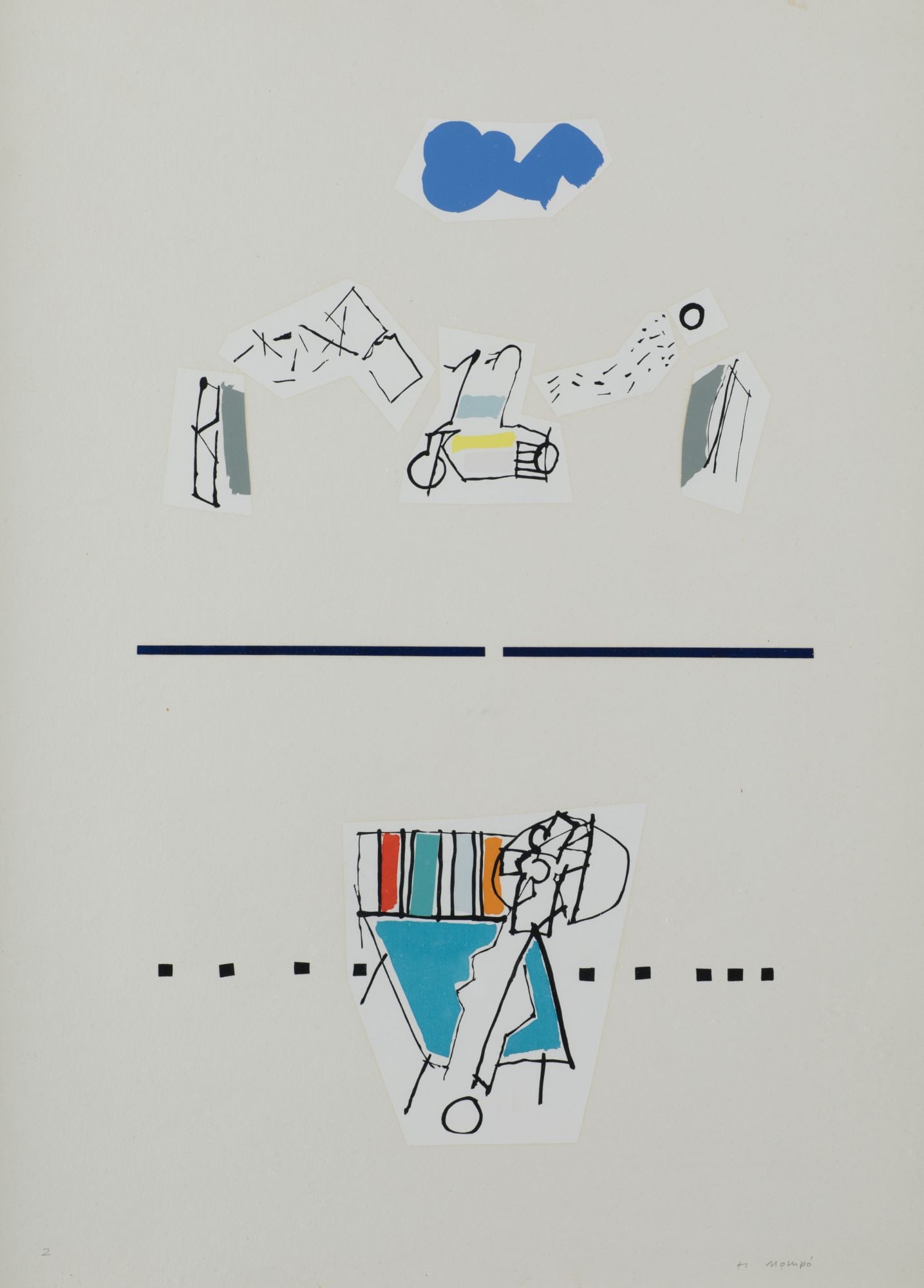 MANUEL HERNANDEZ MOMPO Valencia (1927) / Madrid (1992) "Untitled (Six everyday scenes)", 1971: Screenprint on cardboard. Signed and numbered on plate "2/H. MompÃ³". This work is part of a portfolio made up of six serigraphs published by the Museum of Spanish Abstract Art. Made by the artist i