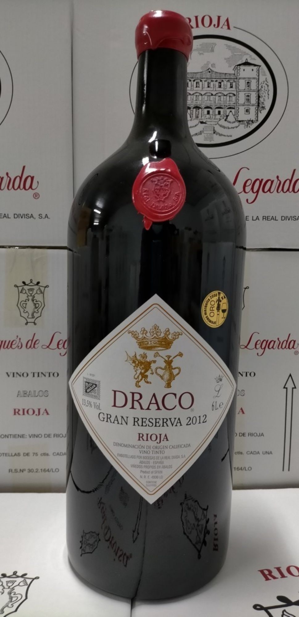 Imperial bottle (6 liters) of Draco Gran Reserva 2012 Rioja Tinto.: High expression wine. Gold Medal Iberian Wine Competition Premios Mezquita (Mezquita Awards), Gold Medal Catavinum World Wine & Spirits Competition.
