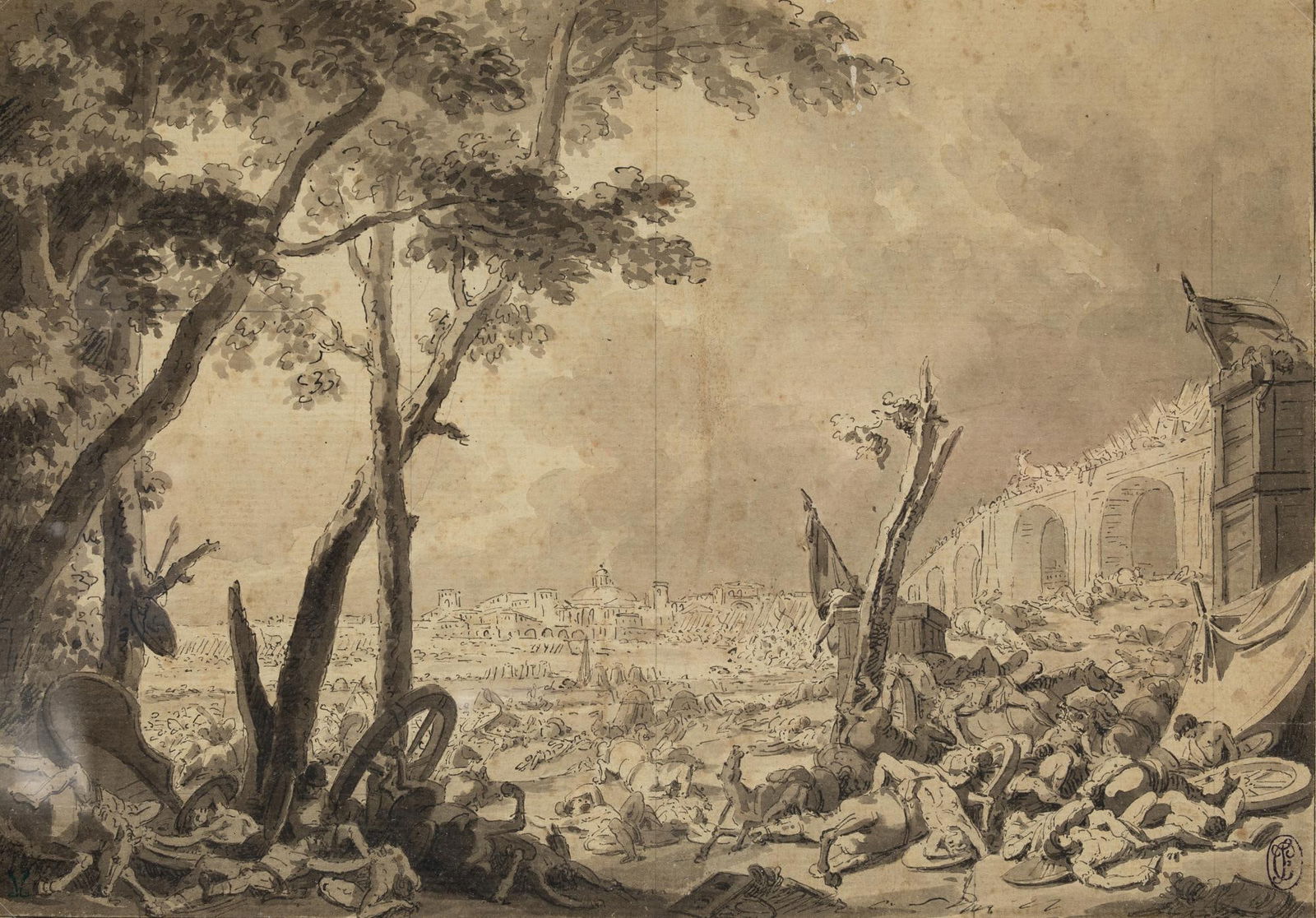 ITALIAN SCHOOL (18th century) "The Battle of the Milvian Bridge": Pen and grayish wash on laid paper Collector's mark "CF" in the lower right corner belonging to Cesare Frigerio (1890-1977?), a Milanese banker who worked mainly in Italian drawings ancient. Measureme
