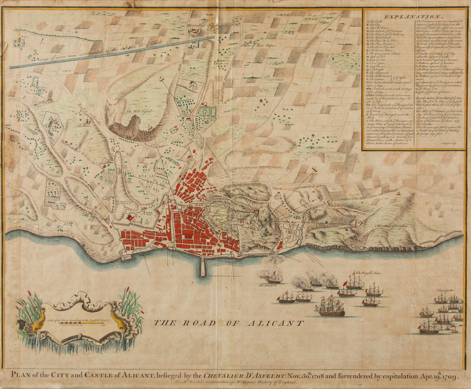 ISAAC BASIRE England (1704) / (1768) "Plan of the city and castle of Alicante": Hand-illuminated copper engraving It belongs to the work “Mr. Tindal's Continuation of Mr. Rapin's History of England”, published in 1745 for the first time by Nicholas Tindal between 1725 and