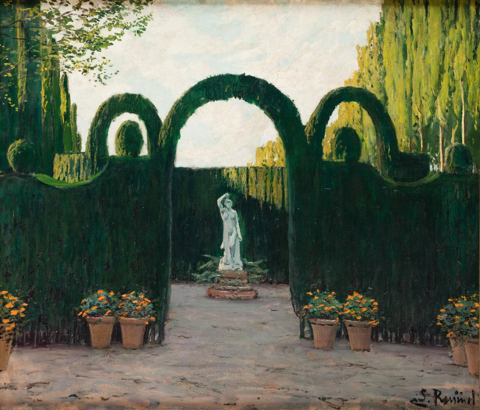 SANTIAGO RUSIÑOL Barcelona (1861) / Aranjuez (1931) "Jardi de Sant Just D´Esvern", 1930: Oil on canvas Signed in the lower right corner. On the back is the label of Barrachina & Ramoneda, who certified the work in 2008 (certificate is attached). This work, painted just a year before the p