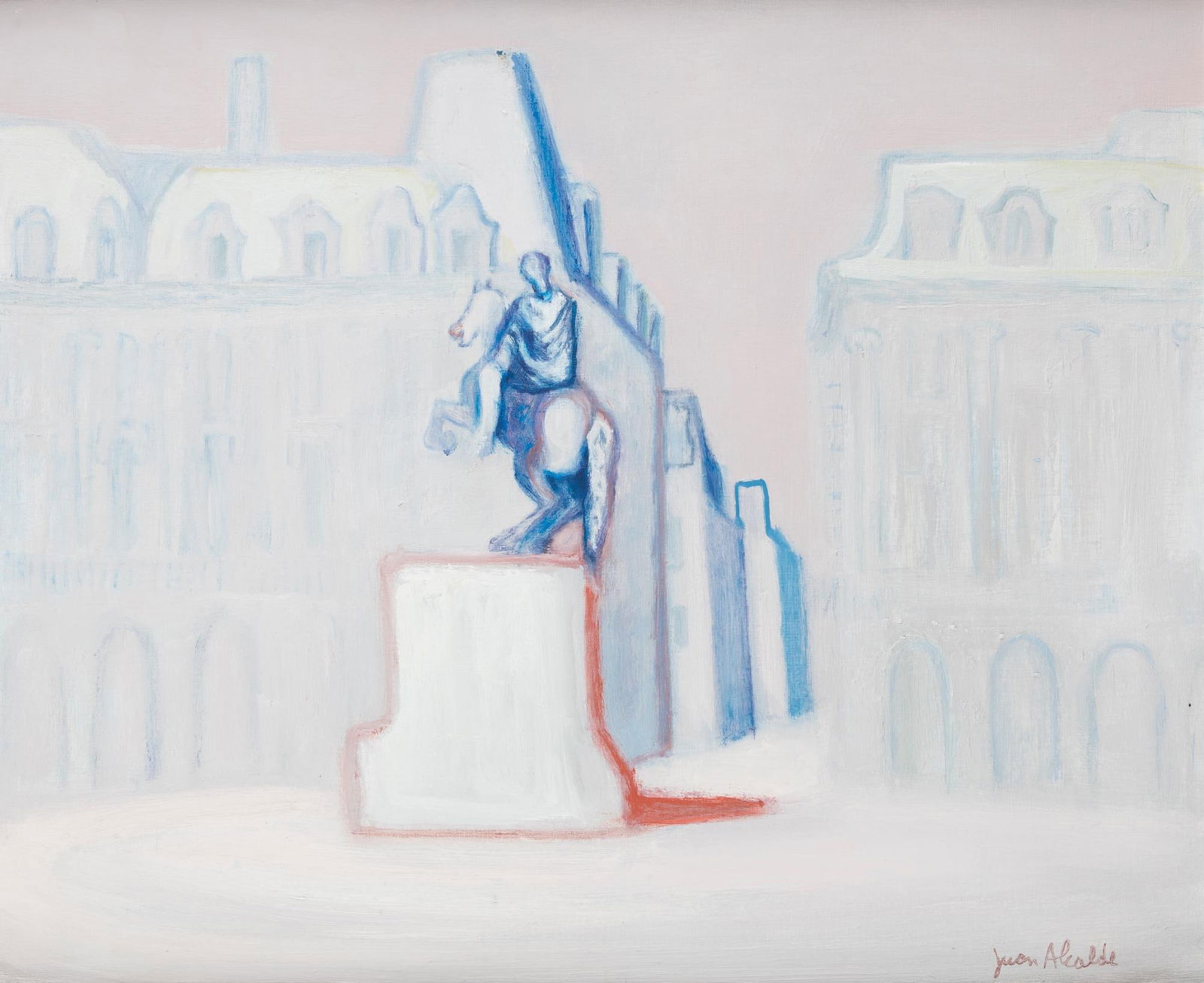 JUAN ALCALDE Madrid (1918) / (2020) "Place des Victoireis": Oil on canvas Signed in the lower right corner. On the back titled and with a label from the Biosca gallery in Madrid Measurements: 54 x 65 cm