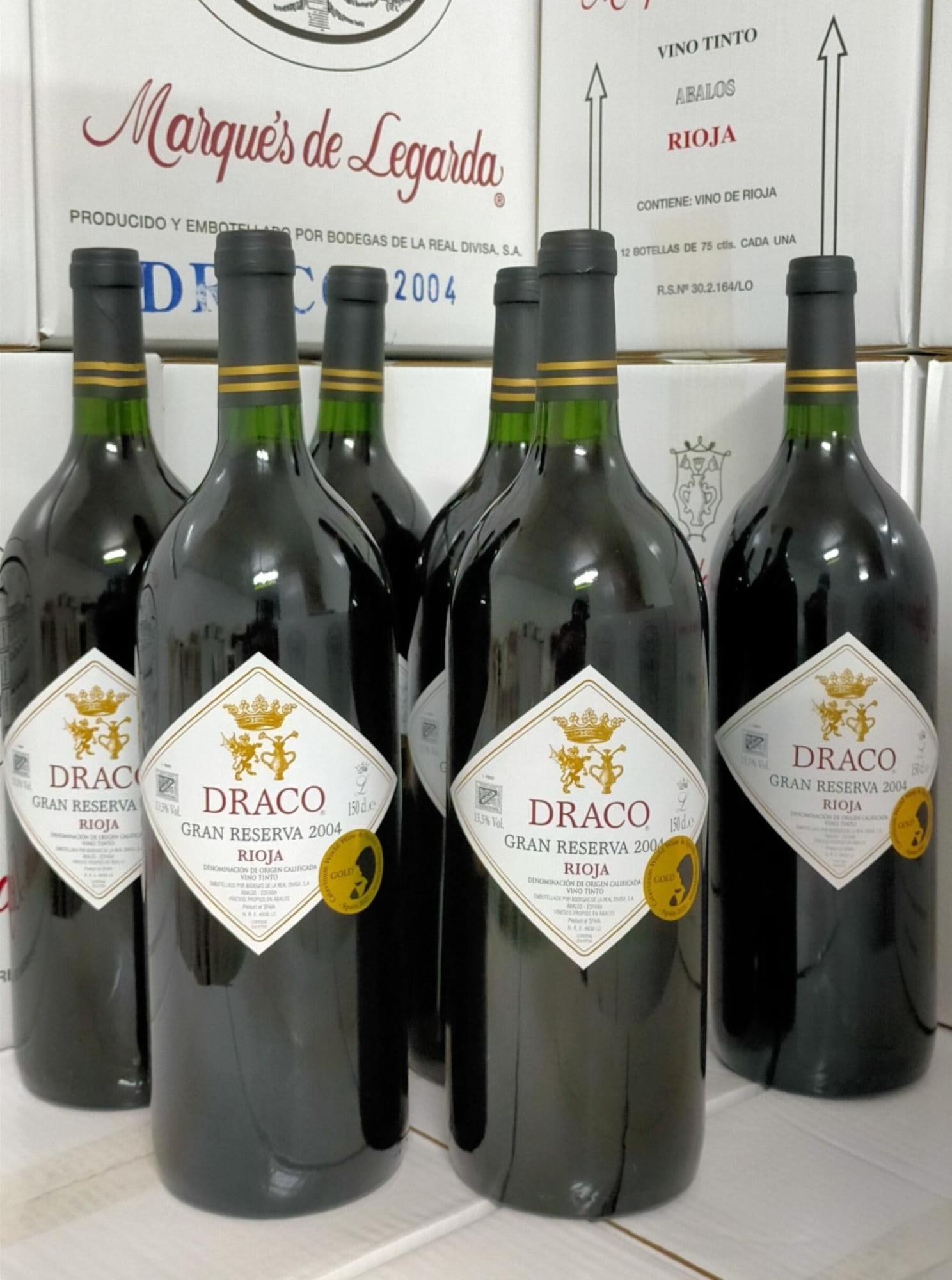 Lot of 6 magnum bottles (1.5 liters) of Draco Gran Reserva 2004 Rioja Tinto.: Lot of 6 magnum bottles (1.5 liters) of Draco Gran Reserva 2004 Rioja Tinto. High expression wine. Catavinum World Wine & Spirits Competition Gold Medal. Excellent vintage.