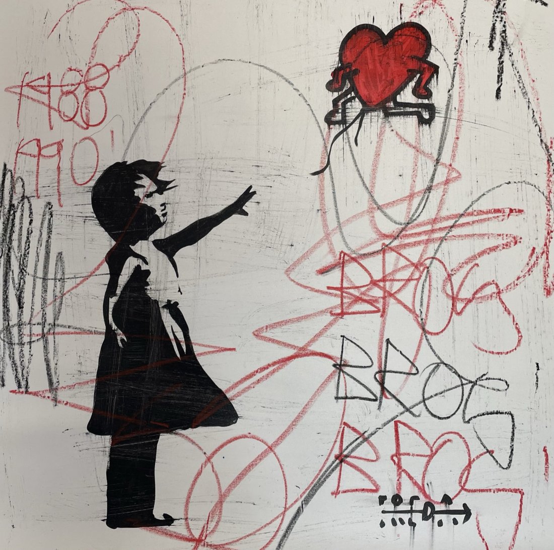 FREDA PEOPLE 'Banksy And Haring' Original on canvas: Banksy And HaringArtist: Freda PeopleArtwork: Original painting on canvasCreated with plastic paint.FULL HAND PAINTEDUnique pieceThe pieces in person are beautiful, and true to the photograph.It is in