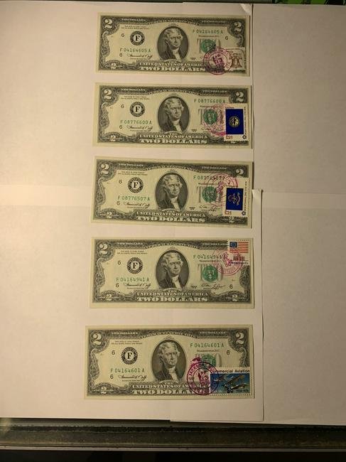 (5) 1976 $2 Two Dollar Bill First Day of Issue postage: April 13 1976 2 dollar bills(5) 1976 $2 Two Dollar Bill First Day of Issue- w/ stamp and cancelation stamp from:FLAG STAMP, JACKSON MS, battlefield station NORTH DAKOTA, JACKSON MSNEBRASKA, JACKSON MS