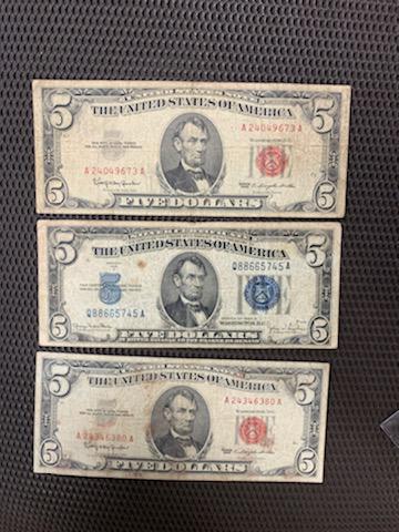 5 dollar bills red and blue all three one money: I see crease and a fold pin hole in one in good shape....... I combine shipping on all paper money lots ..........ships priority USPS......... pictures are good reference as you get what you see......