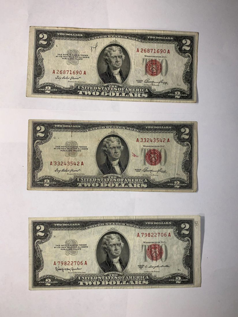 (3) 1953 Two Dollar Bill Red Seal $2 Banknote lot of 3: 1953 C and (2) 1953 Series Two Dollar Bills Red Seal US Currency $2 Banknote. Nice red seal notes. all AA block note. little pencil marks and pen marks see photos you receive exact three pictured noth