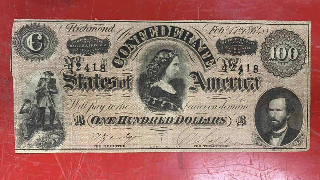 CSA $100 1864 CONFEDERATE STATES OF AMERICA: CSA $100 1864 CONFEDERATE STATES OF AMERICA NO PIN HOLES! IN PRETTY GOOD SHAPE, FADED BLUE BACK, INK IS AUTHENTIC! ITS THE REAL DEAL IN GOOD SHAPE! SEE PICTURES FOR WHAT YOU GET IF YOU WIN MULTIPLE IT