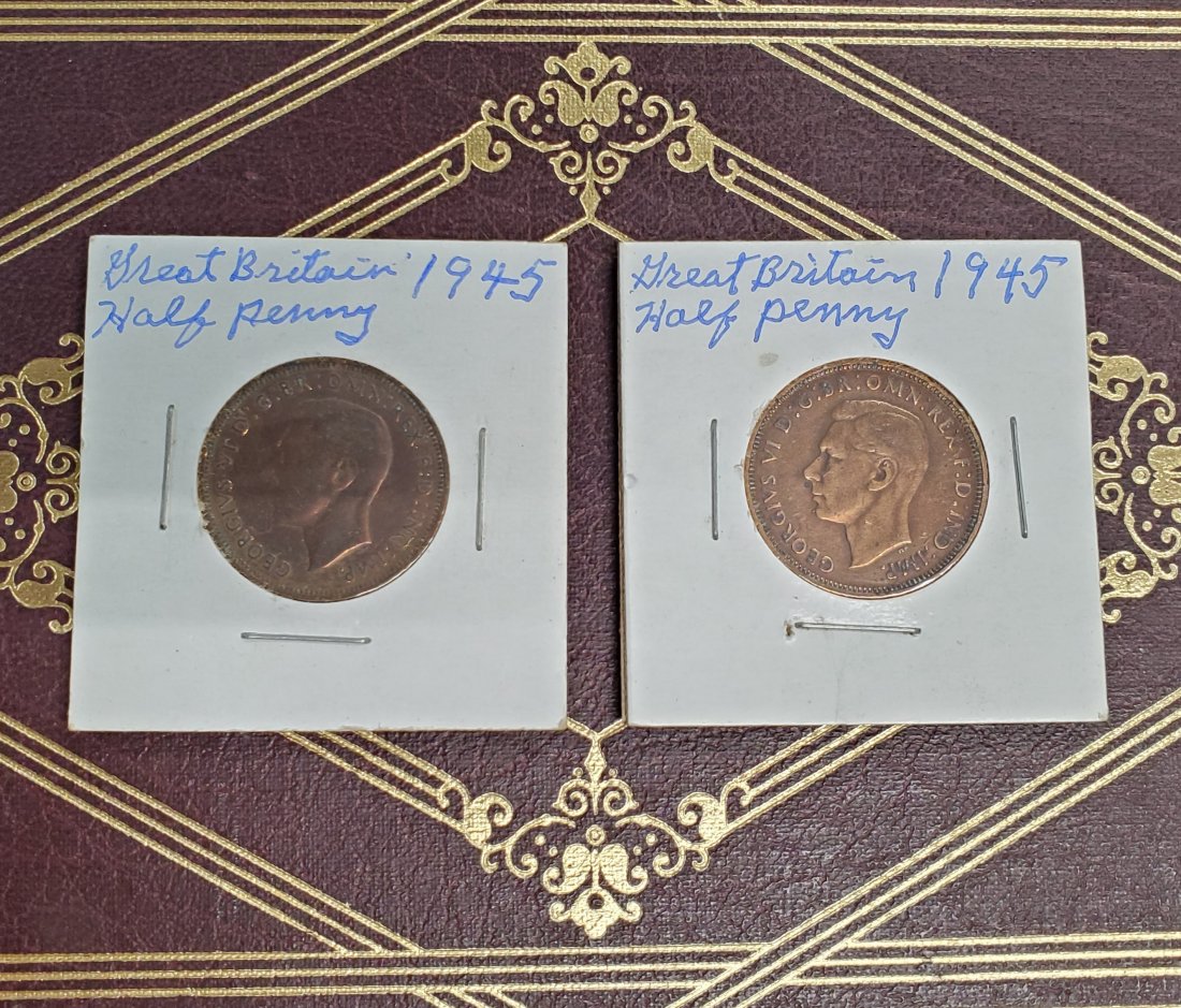 pair of 1945 great britain half pennies: pair of 1945 great britain half pennies. From large collection; make sure to check out our next auction, which will focus primarily on American and British coins! All from one HUGE coin collection. se