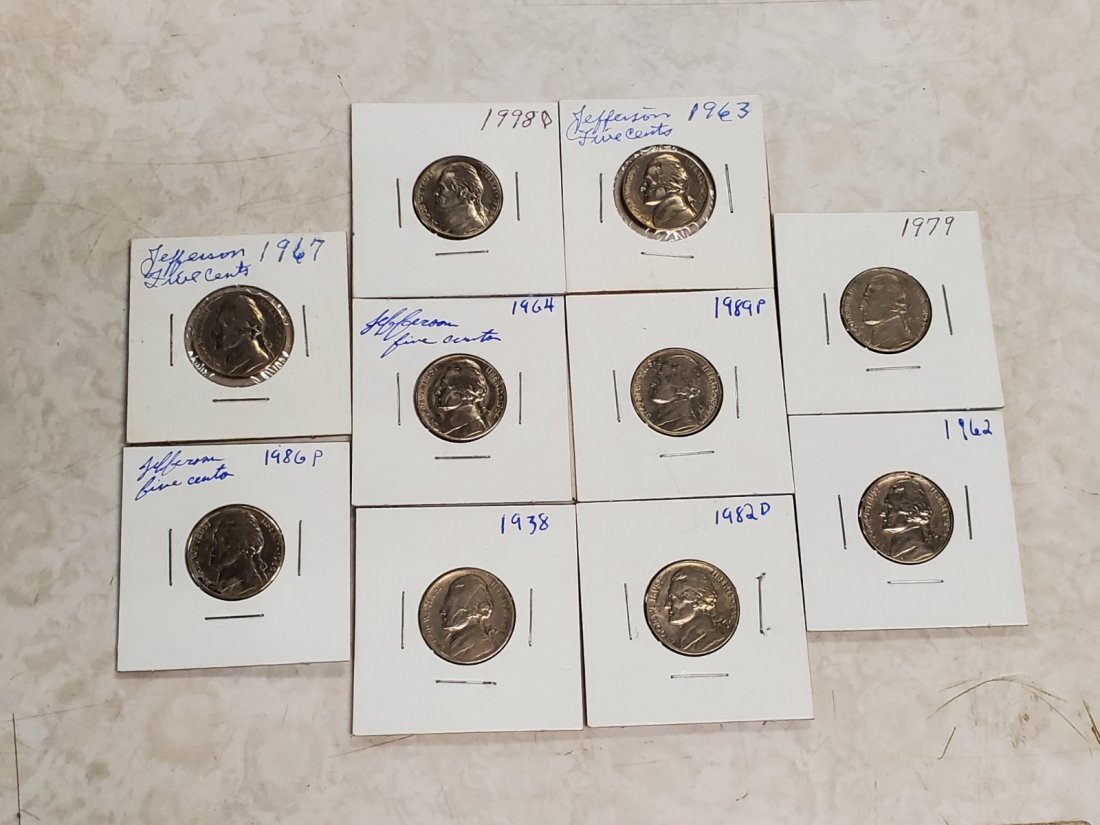 lot of 10 nickels 1938-1998: 1938, 1962, 1963, 1964, 1967, 1979, 1982d, 1986p, 1989p, 1998d. Please make sure to check out our next auction; this lot is pulled from a Huge private coin collection, which will be featured in the ne