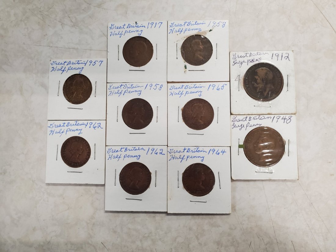 great britain pennies and half pennies 1912-1965: Great britain half pennies: 1917, 1957, 1958, 1958, 1962, 1962, 1964, 1965. Great britain large pennies: 1912, 1948. This is a small sampling from a HUGE coin collection; be sure to check out our next