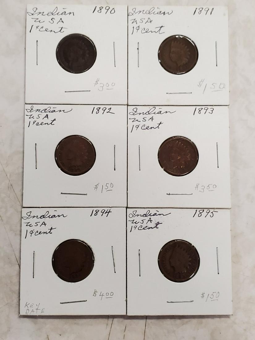 1890-1895 Indian Head Pennies SC8P1: Up for your bidding pleasure we have a lot of 6 indian head pennies, ranging in date from 1890-1895. For our reference, these are located in book sc8, page 1. Conditions vary. I am not a grader, so I 
