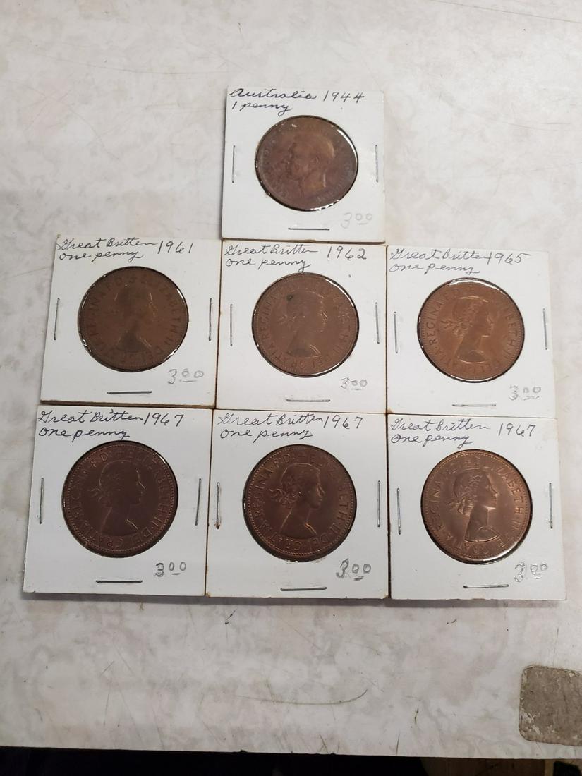 1944 australia penny and 1961-67 britain pennies: Up for your bidding pleasure we have a lot of 7 coins: a 1944 australian penny and 6 british pennies. The british pennies are dated 1961, 1962, 1965, and three from 1967. Conditions vary. I am not a g