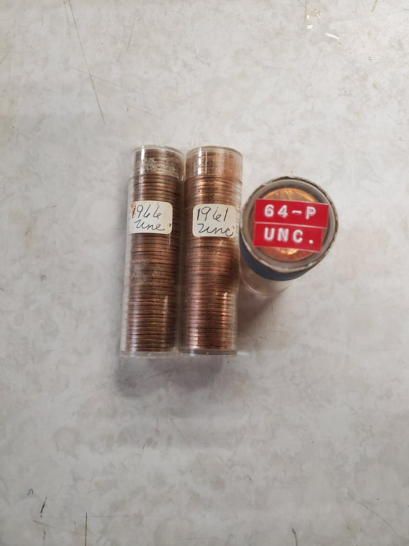 3 tubes of pennies, all marked uncirculated, 1964P: 3 tubes of pennies, all tubes are marked unc which I take to mean uncirculated. 1964P 1961 1966. They all look great to me but I am not sure, I am just writing what the owner wrote down as his own opi