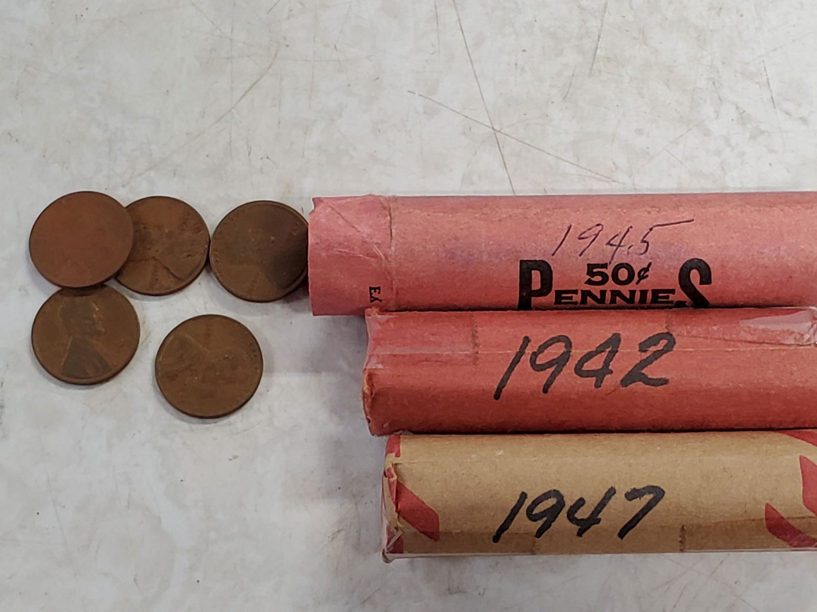 3 rolls of wheat pennies 1942 1945 1947: 3 rolls of wheat pennies 1942 1945 1947. I did not check all coins beause the previous owner sealed two rolls with tape, but the previous owner was fastidious in his labeling. See pictures! Conditions