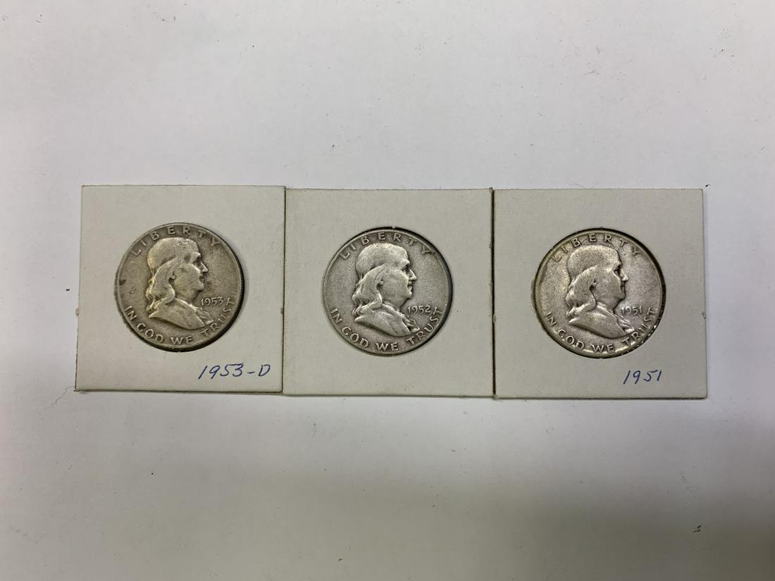 BEN FRANKLIN 50 CENT $.50 SILVER: BEN FRANKLIN 50 CENT $.50 SILVER YOU GET ALL THE COINS SEEN 3 OF THEM THAT IS YOU BE THE JUDGE OF THE CONDITION AND BID ACCORDINGLY