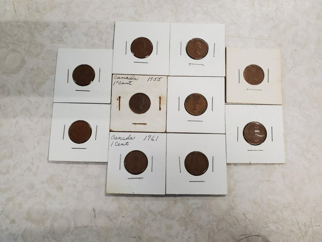 canadian pennies, 1955-1982: canadian pennies: 1959, 1982, 1955, 1968, 1968, 1982, 1961, 1959, 1955, 1955. This is a small selection chosen at random from a Huge coin collection; check out our next auction, which will primarily c