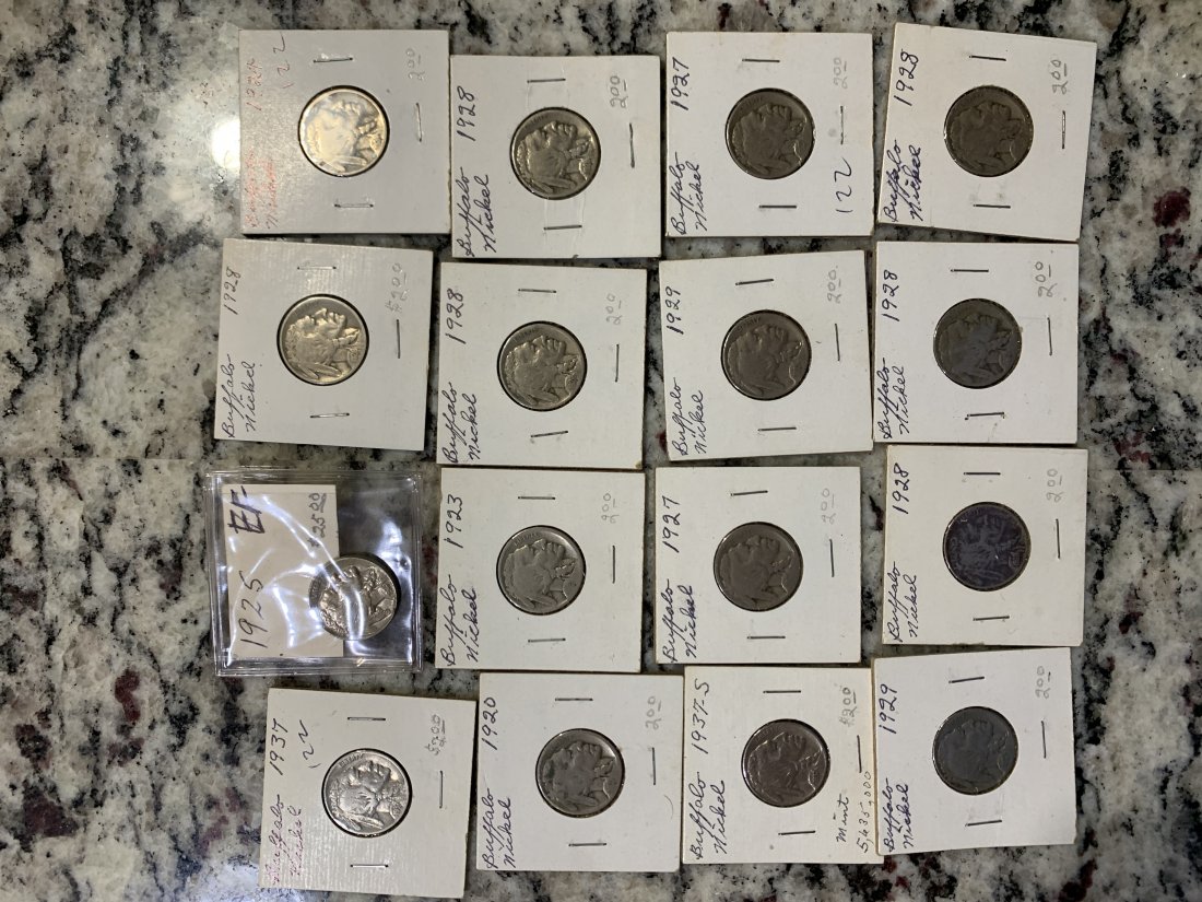 16 Buffalo nickels featuring 1925 EF: 16 coins as pictured he graded 1925 on pricey!! You get all pictured coins GRADES ON THE SLEEVES ARE FROM THE PREVIOUS COLLECTOR/OWNER. I MAKE NO CLAIM OR HAVE NO KNOWLEDGE OF COINS. MY OPINION AND HI