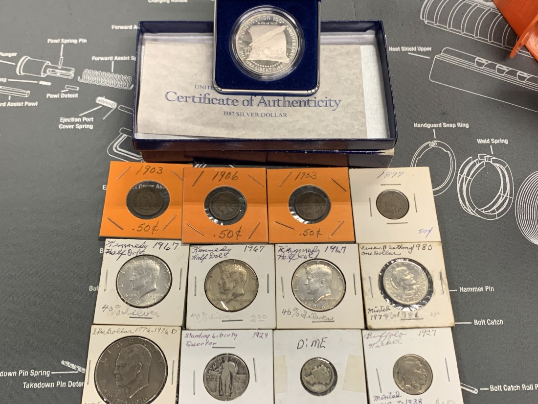 mixed lot of coins and silver: see pictures for dates and identification silver dollar is 1987 united states constitution coin! INDIAN head pennies 1903 1906 1903 1897. 3 KENNEDY half DOLLARS ALL 1967. BICENTENNIAL EISENHOWER DOLLA