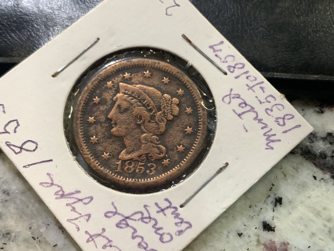 1853 Large Cent: Use pictures to seeCondition and type.I know nothing about the different typesGRADES ON THE SLEEVES ARE FROM THE PREVIOUS COLLECTOR/OWNER. I MAKE NO CLAIM OR HAVE NO KNOWLEDGE OF COINS. MY OPINION AND