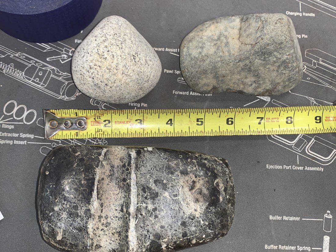HEAD BASHER HATCHET THING AND TWO ROCKS: REMEMBER WE HAVE NO IDEA AS TO THE ORIGIN OF THESE ITEMS, STUDY PICTURES CLOSELY ASK QUESTIONS OR VIEW IN PERSON DAILY NOON TO FIVE. If an item is graded or priced those are the opinions of the past o