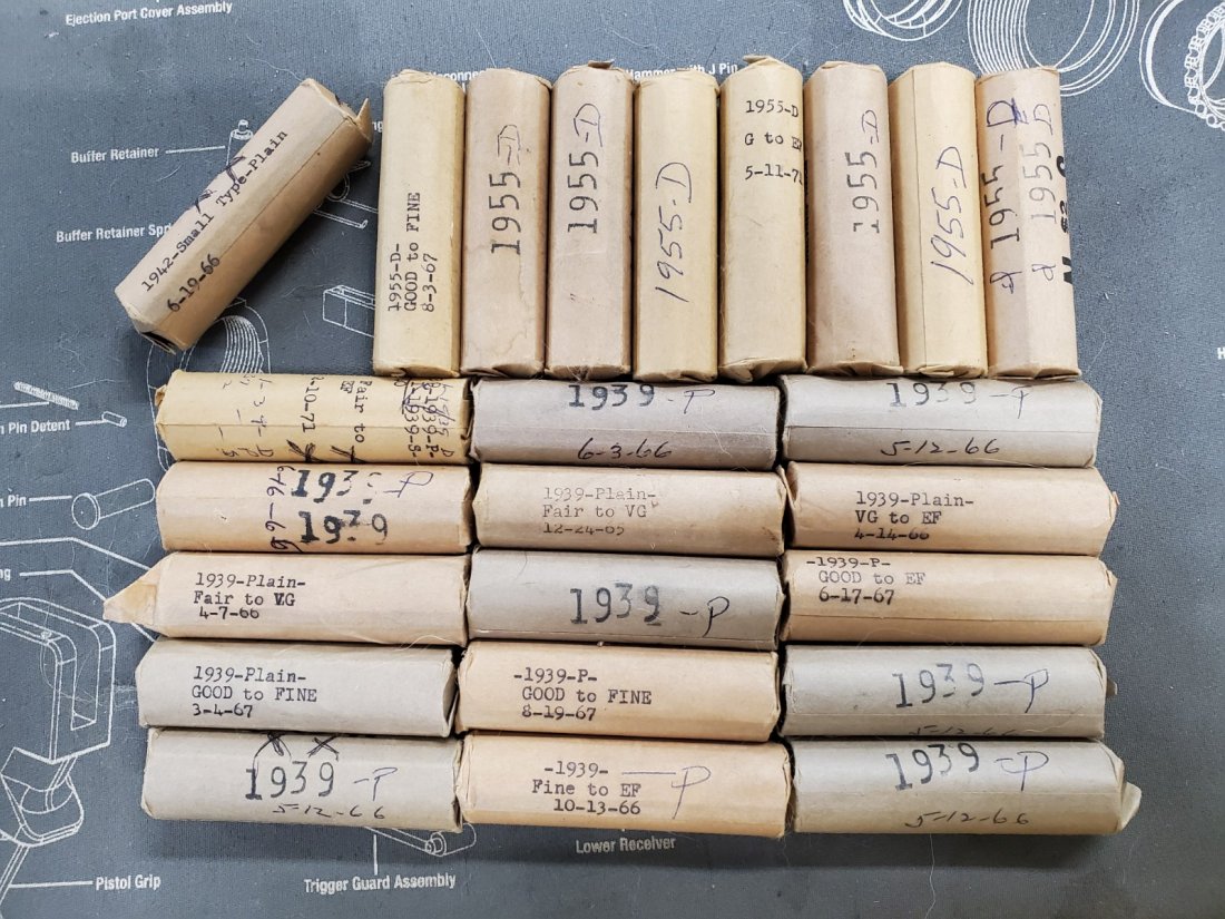 24 ROLLS NICKELS: 1942 SMALL TYPE, 1955, 1939: I DID NOT OPEN ANY OF THESE ROLLS, THEY ARE ALL DATED FROM THE 60S AND 70S, SELLING AS LABELED, UNVERIFIED. ONE ROLL LABELED 1942 SMALL TYPE PLAIN. 8 ROLLS LABELED 1955-d. 14 ROLLS LABELED 1939-P. ONE