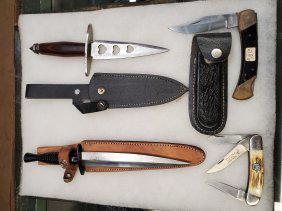 2 DAGGERS, 2 FOLDING KNIVES WHITE TAIL n PAKISTAN: SEE PICS. SCRATCHES DINGS DENTS RUST SPOTSGRADES ON THE SLEEVES ARE FROM THE PREVIOUS COLLECTOR/OWNER. USE PICTURES AND ASK QUESTIONS BEFORE YOU BID OR BUY Ã¢Â€Â¦Ã¢Â€Â¦Ã¢Â€Â¦Ã¢�