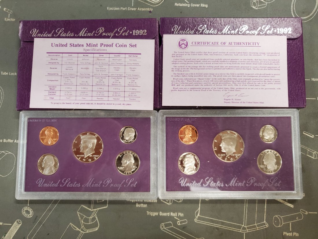TWO 1992 MINT PROOF SETS: LOOKS AWESOME SEE PICTURES REMEMBER WE HAVE NO IDEA AS TO THE CONDITION OF THESE ITEMS, STUDY PICTURES CLOSELY ASK QUESTIONS OR VIEW IN PERSON DAILY NOON TO FIVE. If an item is graded or priced those 