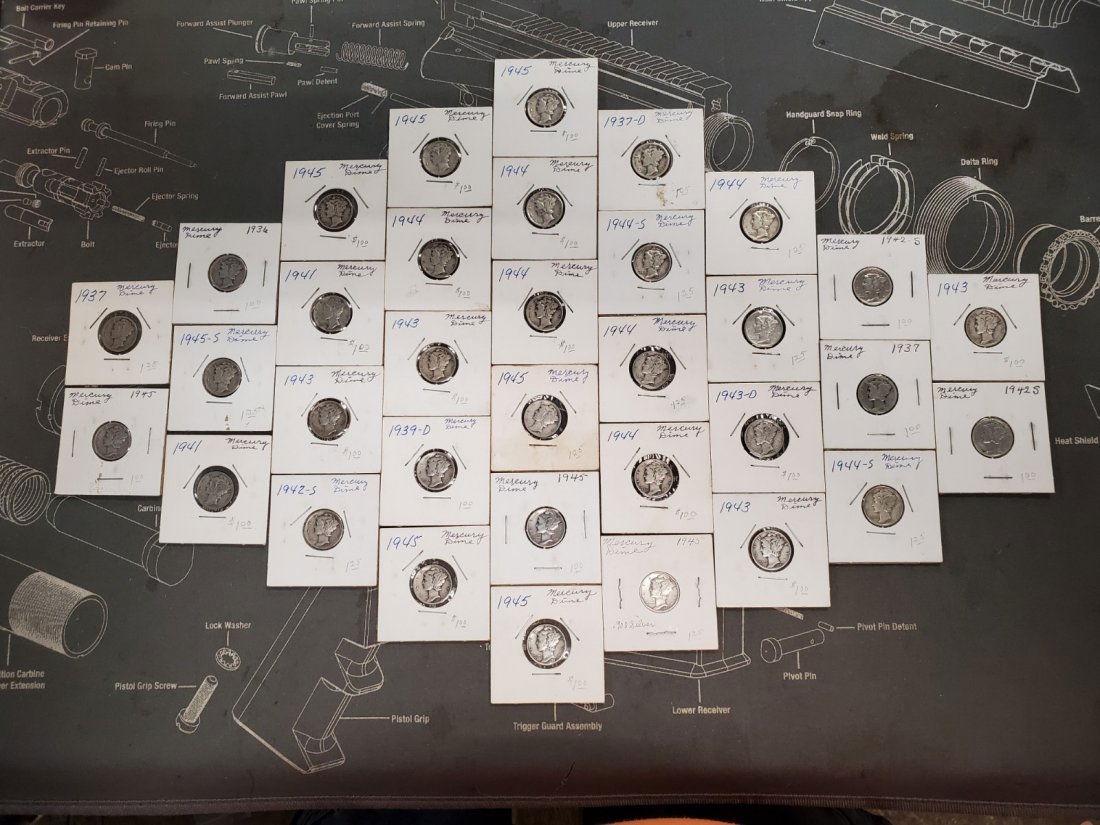 34 MERCURY DIMES 1936-1945: ALL SILVER DIMES! AS OF 9/11/20 THAT MELT VALUE EQUALS $65.62!THESE ARE ESTATE ITEMS WE ARE LIQUIDATING FOR THE FAMILY. YOU GET WHAT YOU SEE IN THE PICTURES.SEE PICTURES AND ASK QUESTIONS BEFORE YOU B