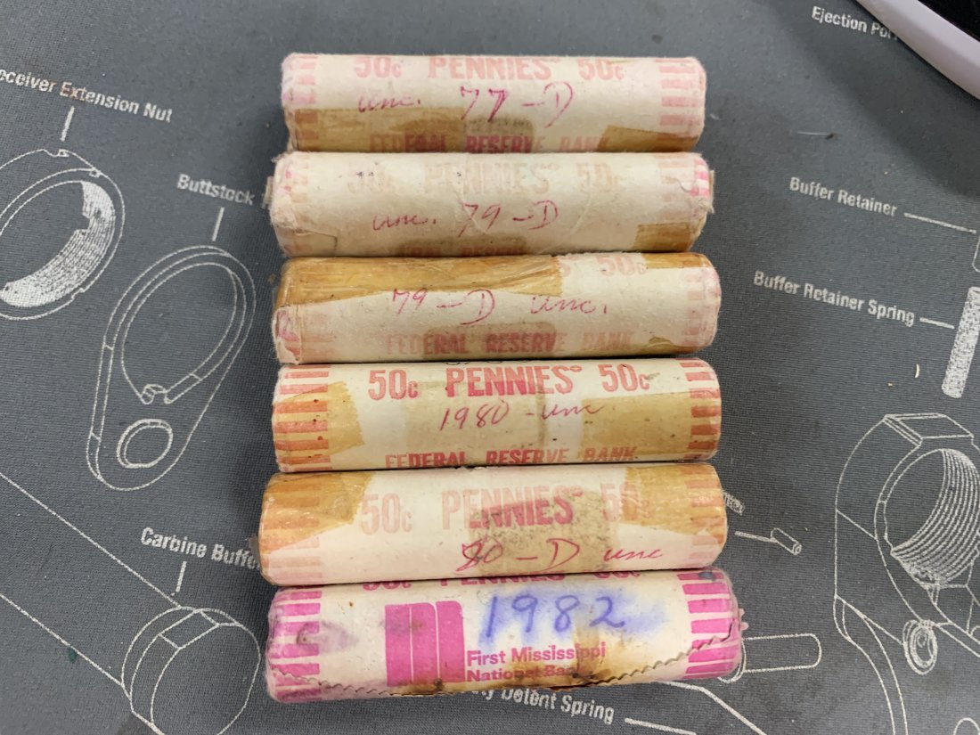 6 bank wrapped rolls pennies 77, 79 ,80, 82: USE PICTURES AND ASK QUESTIONS BEFORE YOU BID OR BUY .WE WILL COMBINE SHIPPING