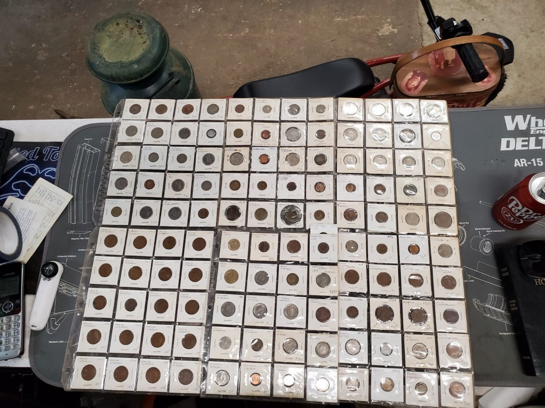 COINS FROM SPANISH SPEAKING COUNTRIES, 1 SILVER?: SIX SHEETS OF COINS, FROM ALL OVER THE WORLD! CHILE PERU SPAIN COLOMBIA MEXICO GUATEMALA BRAZIL TRINIDAD/TOBAGO AND MAYBE MORE! ONE COIN IS IN A CASE THAT SAYS MEXICO 1864 .963 SILVER BUT i AM NOT AN 