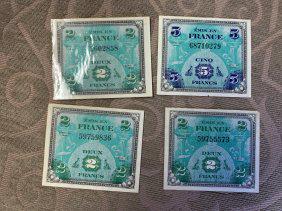 1944 Allied Military Currency 2 AND 5 FRANCE LIKE NEW: 4 ALL TOGETHER GRADES ON THE SLEEVES ARE FROM THE PREVIOUS COLLECTOR/OWNER. I MAKE NO CLAIM OR HAVE NO KNOWLEDGE OF COINS. MY OPINION AND HIS DOES NOT COUNT, BUT YOU MAY WANT TO USE HIS OPINION AS A G