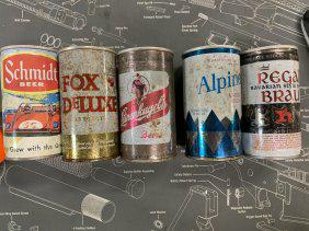 5 VINTAGE BEER CANS MAGNETIC PULL TAB: LEINENKUGEL,ALPINE BEER, FOX DELUXE BEER, SCHMIDT , REGAL BRAU CANMAGNET STICKS TO THEM ALL! UNCLEANED TWO ARE OPEN BUT NOT FULL EITHER. WE WILL COMBINE SHIPPING