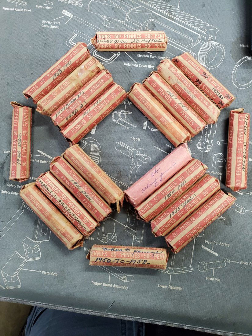 20 ROLLS OF PENNIES (APPROXIMATELY 1,000) LOTS OF WHEAT: REMEMBER WE HAVE NO IDEA AS TO THE CONDITION OF THESE ITEMS, STUDY PICTURES CLOSELY ASK QUESTIONS OR VIEW IN PERSON DAILY NOON TO FIVE. If an item is graded or priced those are the opinions of the pas