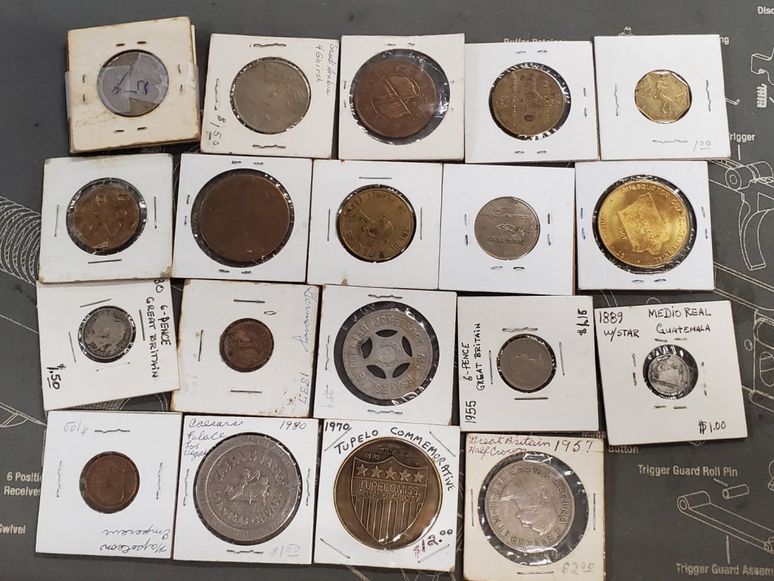 MISC FOREIGN COINS, TOKENS, MASONIC TEMPLE DETROIT: COINS, TOKENS,SOME FOREIGN SOME DOMESTIC. ONE SAYS MASONIC TEMPLE DETROIT, COOL BUT WORN ALMOST ENTIRELY DOWN.SLEEVES SHOW DATES . GRADES ON THE SLEEVES ARE FROM THE PREVIOUS COLLECTOR/OWNER. I MAKE N