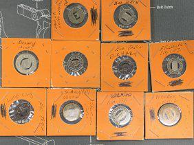 BUS TOKENS: Denney & Hines Bus Company, CRT NEW PORT NEWS, ELKHART MOTOR COACH,Schuylkill Valley Lines,WICHITA, MONROE, ELIZABETH CITY, LIMA CITY, ST LOUIS AND EAST ST LOUIS GRADES ON THE SLEEVES ARE FROM THE PRE