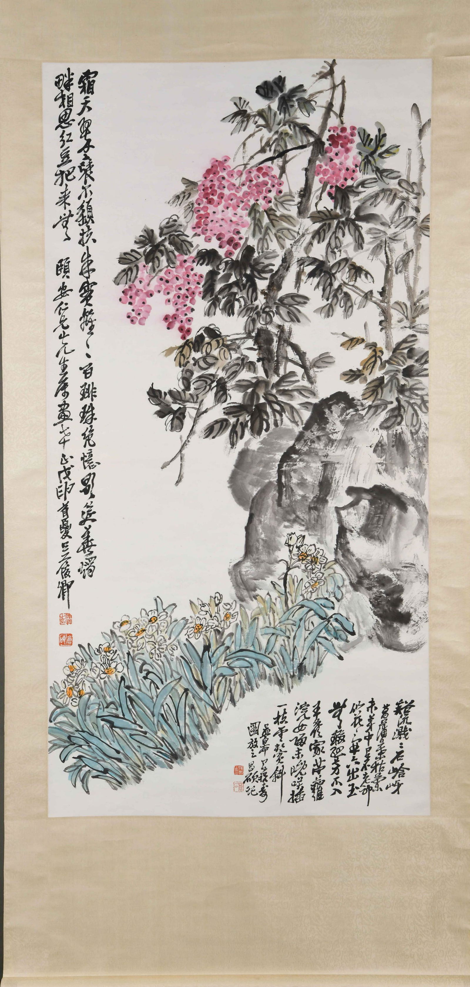 A CHINESE FLOWERS AND PLANTS PAINTING, WU CHANGSHUO: A classic Chinese flower painting of late Qing Dynasty by Wu Changshuo. It represents the last peak of literati painting. Colors are strong and full of changes. Dimensions: Lg.132cm; Wd.67cm. SHIPPING