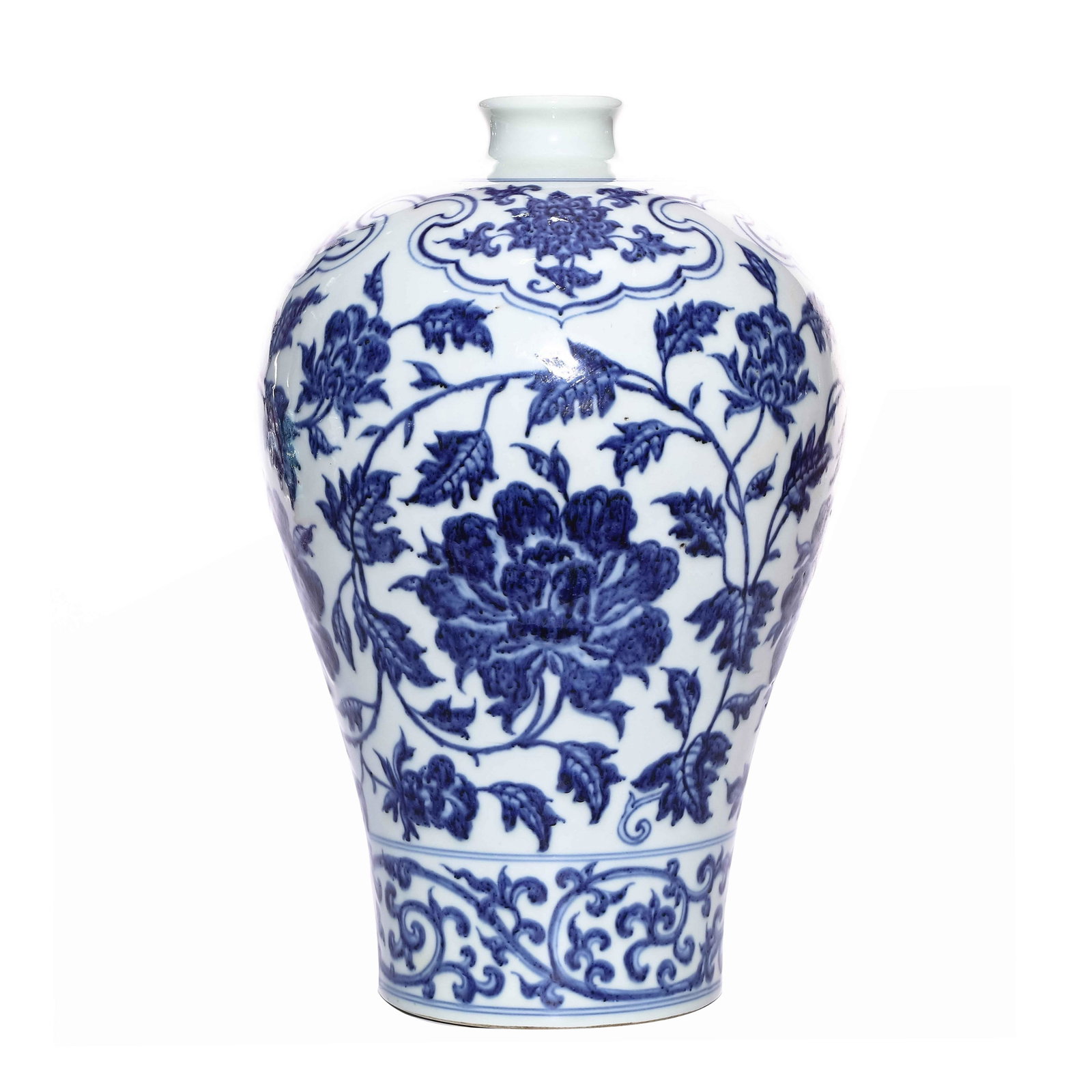 A CHINESE BLUE AND WHITE PORCELAIN PLUM VASE: Chinese Ming Dynasty Period, blue and white porcelain plum vase. The Finest porcelain shaped into a traditional plum vase form, thick potted, with a narrow base toward wide ovoid shoulder body, with s